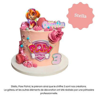 Cake topper personnalisé avec prénom et âge, décoration pour gâteau d’anniversaire Pat'Patrouille, Stella.