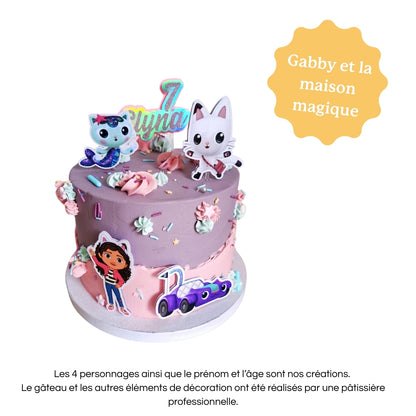 Cake topper personnalisé avec prénom et âge, décoration pour gâteau d’anniversaire Gabby et la maison magique.
