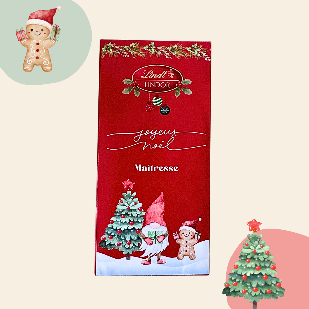 Plaque de chocolat Lindor de Lindt personnalisée sur le thème de Noël. Idée cadeau pour une maîtresse, une nounou, un prof ou encore un collègue. 
