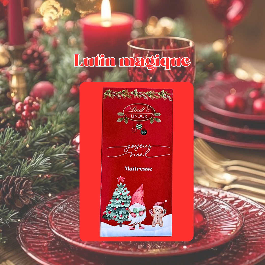 Plaque de chocolat Lindor de Lindt personnalisée sur le thème de Noël et avec le prénom. Idée cadeau pour une maîtresse, une nounou, un prof ou encore un collègue. 