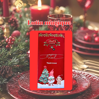 Plaque de chocolat Lindor de Lindt personnalisée sur le thème de Noël et avec le prénom. Idée cadeau pour une maîtresse, une nounou, un prof ou encore un collègue. 