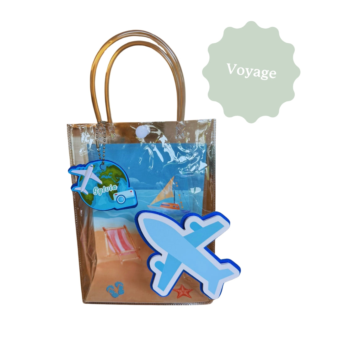 Sac cadeau personnalisé sur le thème du voyage avec des effets 3D. Tous les thèmes sont réalisables et pour tout événement,  anniversaire, mariage, retraite, baptême. 