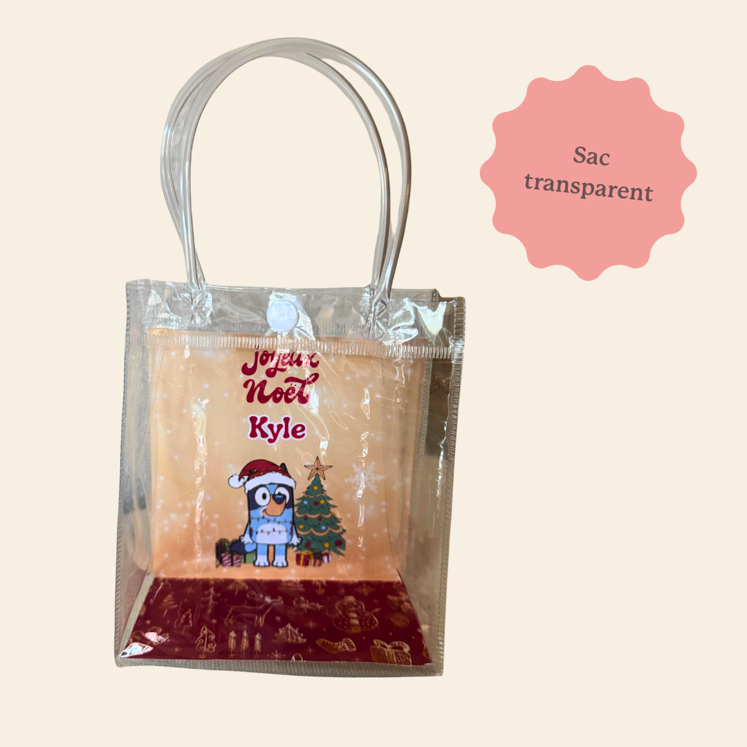 Petit Sac cadeau transparent de Noël, pour enfant, personnalisé avec son prénom et son héro préféré. Bluey, Spiderman, Pat'patrouille, La Reine des neiges, tous les personnages sont possibles. 
