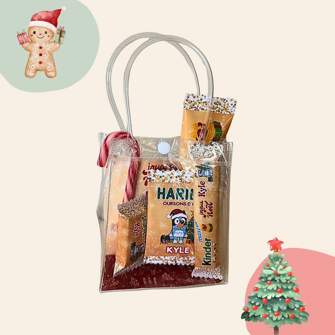 Sac cadeau de Noël pour enfant personnalisé avec son prénom et son héro préféré. Bluey, Spiderman, Pat'patrouille, La Reine des neiges, tous les personnages sont possibles. 
