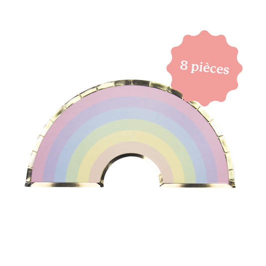 décoration de table pour anniversaire avec assiette en forme d'arc-en-ciel
