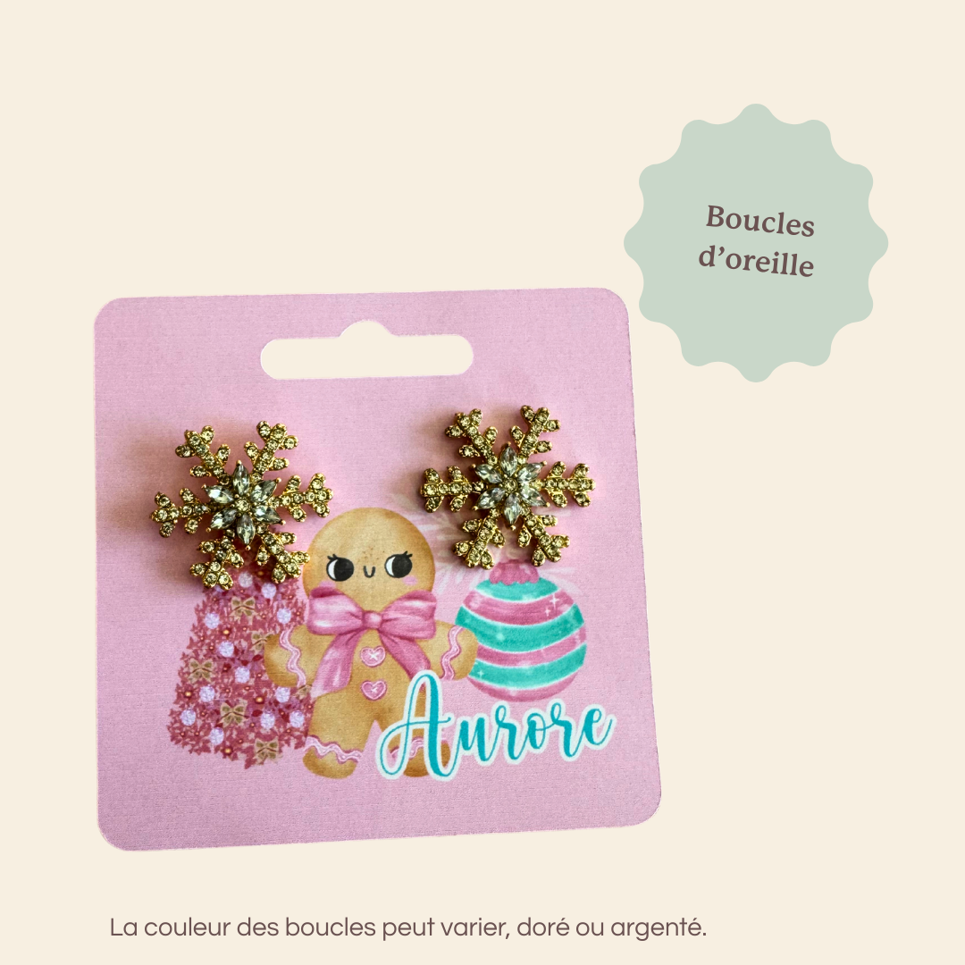Boucles d'oreilles en flocons, dans un coffret cadeau de Noël personnalisé, pour femme. Un moment de soin et de bien-être  Sur un thème tout en douceur et gourmandise, Candy Chic.