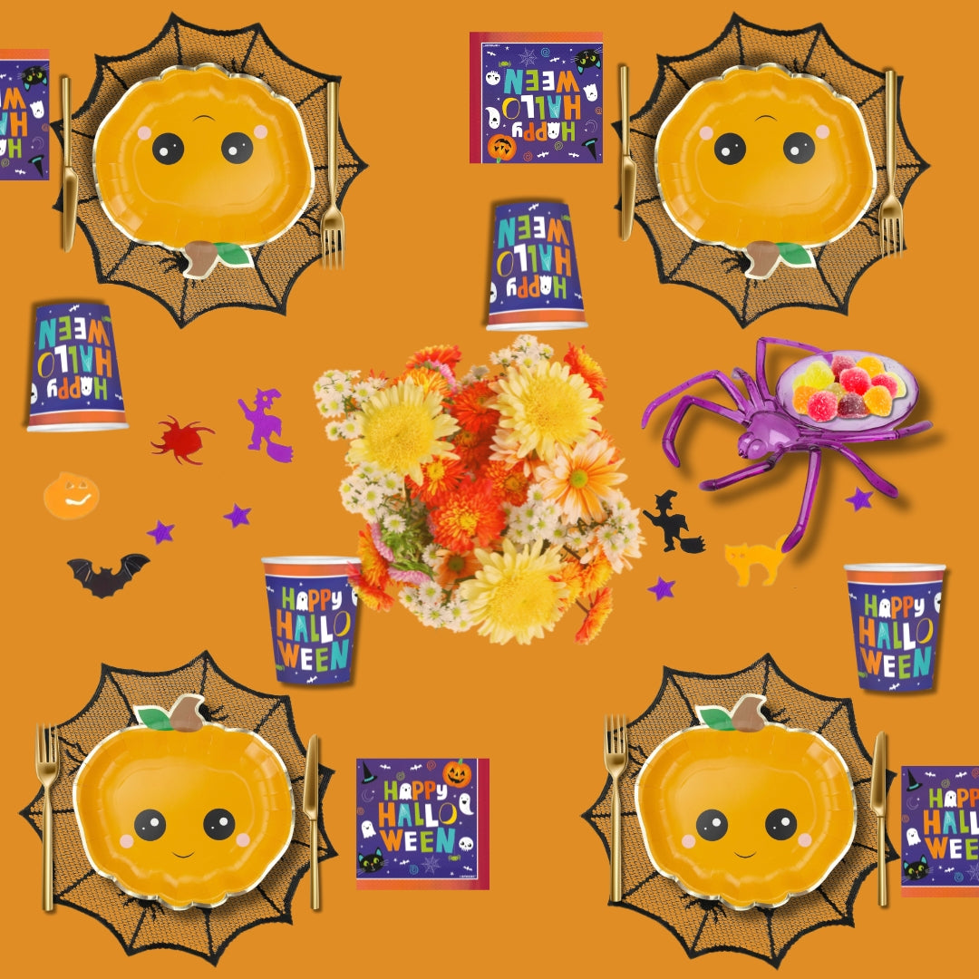 Box déco Halloween Festibox avec assiettes citrouille, gobelets et ballons chauve-souris.