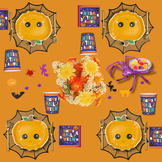 Box déco Halloween Festibox avec assiettes citrouille, gobelets et ballons chauve-souris.