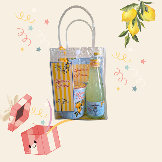 coffret cadeau personnalisé maîtresse fin d'année style dolce vita avec sac transparent et limonade citron