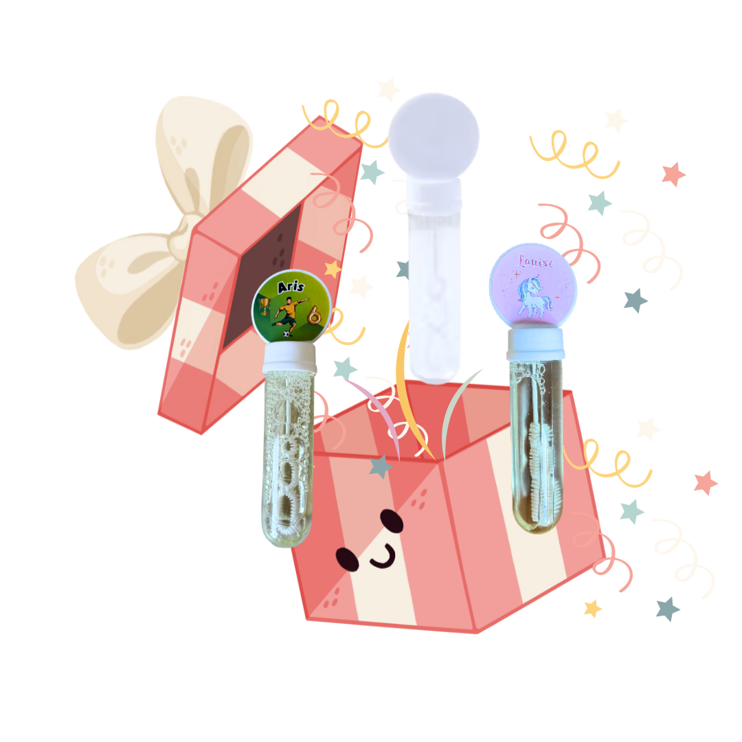 Flacon de bulles personnalisé avec prénom, sur un thème au choix. Pour anniversaire, mariage, baptême.