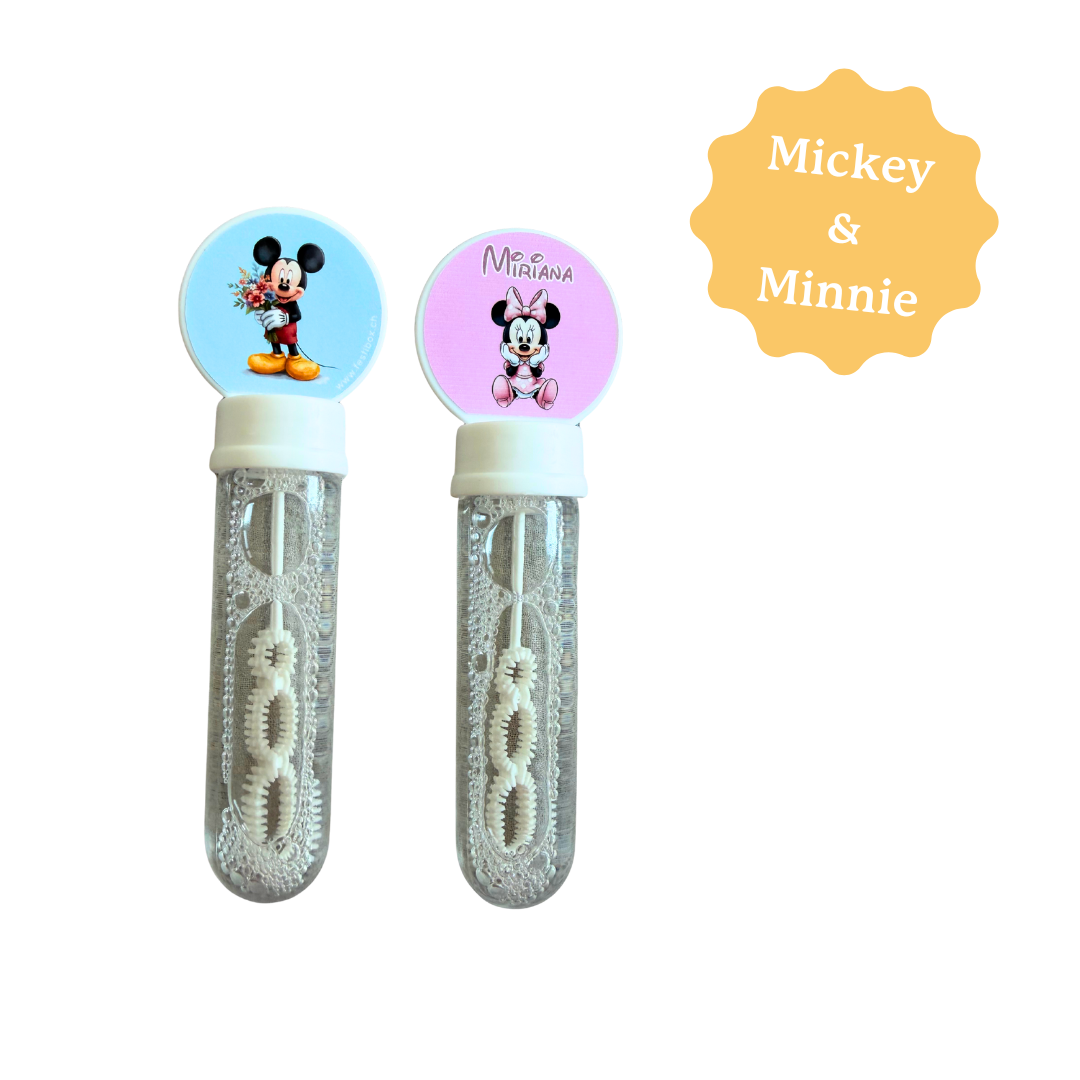Flacon de bulles personnalisé avec prénom et âge, sur le thème de Mickey et Minnie. Pour anniversaire d'enfant.