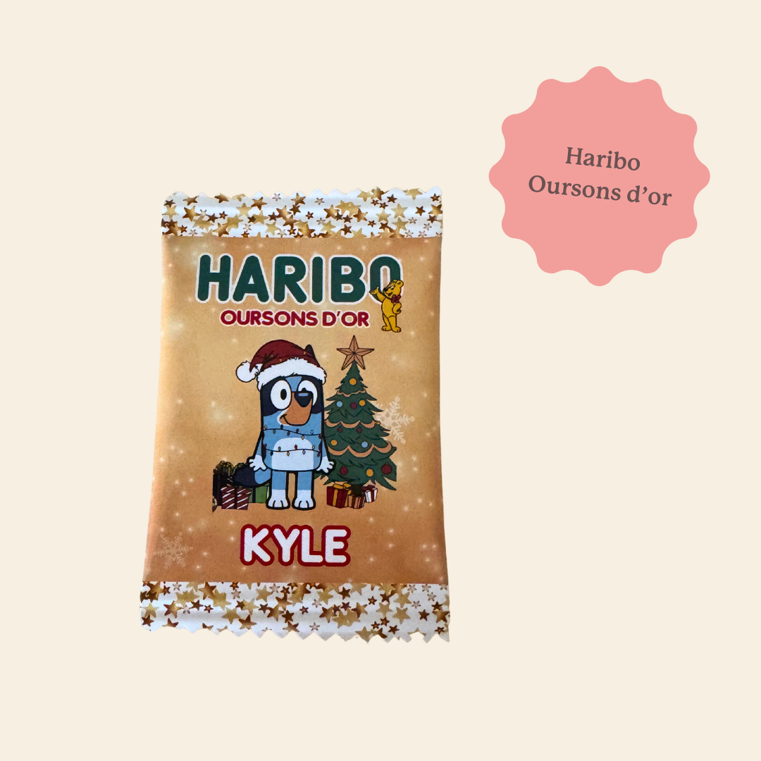 Bonbons Haribo de Noël pour enfant personnalisé avec son prénom et son héro préféré. Bluey, Spiderman, Pat'patrouille, La Reine des neiges, tous les personnages sont possibles. 