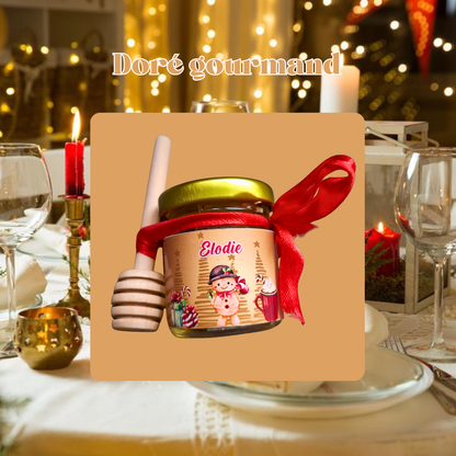 Petit pot de miel personnalisé avec le prénom. Un thème gourmand et doux. idée cadeau de noël