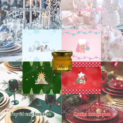 Petit pot de miel personnalisé avec le prénom. Choisi ton thème de noël préféré. idée cadeau de noël