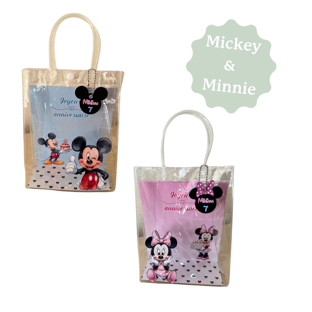 Sac cadeau personnalisé sur le thème de Mickey et Minnie, avec des effets 3D. Idéal pour les anniversaires d'enfant, pour offrir des petits cadeaux.