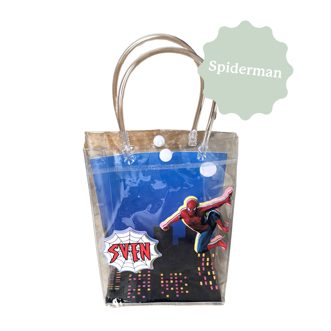 Sac cadeau personnalisé sur le thème de Spiderman, avec des effets 3D. Idéal pour les anniversaires d'enfant, pour offrir des petits cadeaux.