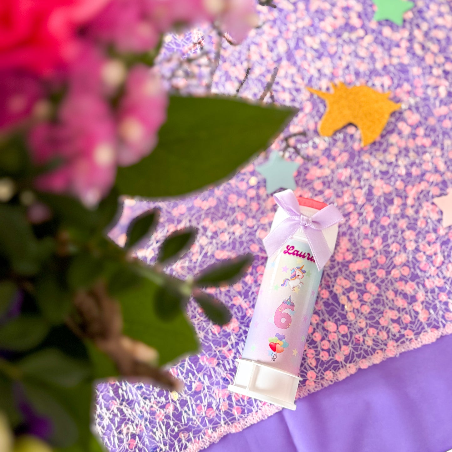 flacon de bulles personnalisé thème  licorne pour anniversaire d'enfant